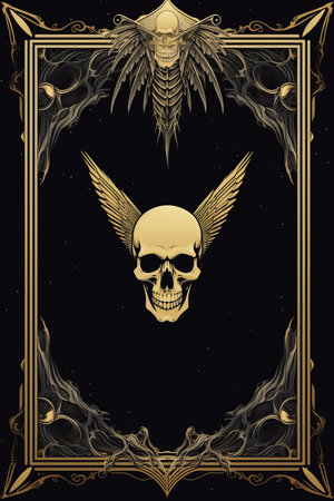 skull with wings and ornate frame on a black backgroundの素材