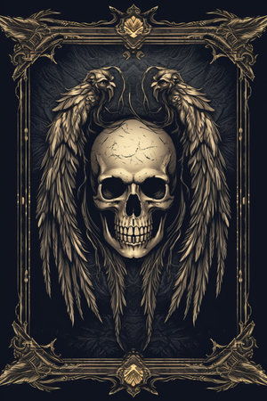 skull with wings and ornate frame on dark backgroundの素材