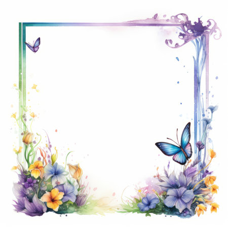 watercolor frame with flowers and butterflies on a white backgroundの素材