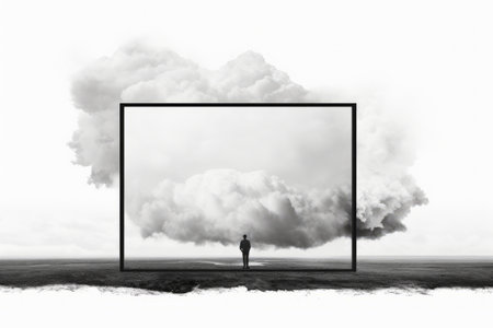 a black and white photo of a man standing in front of a cloudの素材
