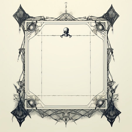 a black and white drawing of an ornate frame with a skull on itの素材