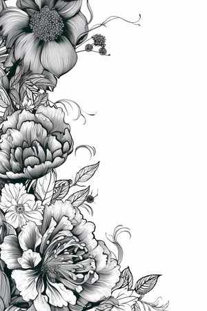 a black and white drawing of flowers on a white backgroundの素材