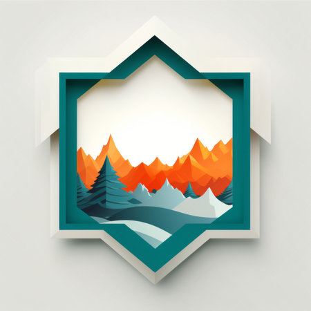 a badge with mountains and trees on itの素材
