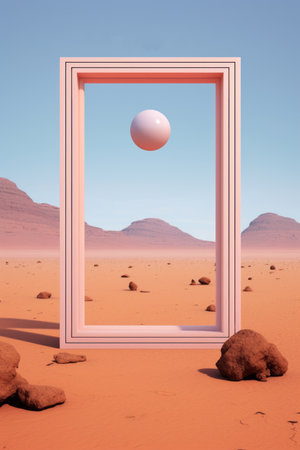 3d render of an open door in the desert with a sphere in the middleの素材