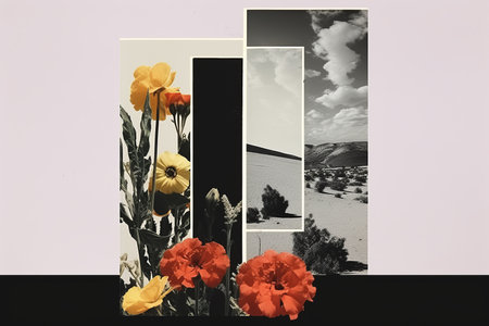 a black and white collage with flowers in the desertの素材