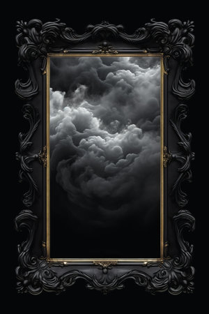a black and white photo of a stormy sky in an ornate frameの素材