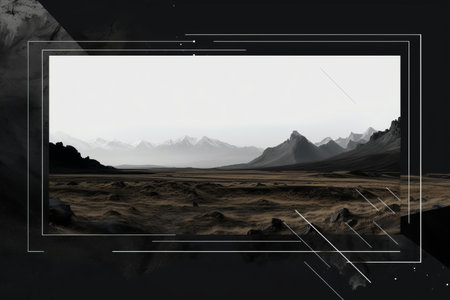 a black and white photo of a desert landscape with mountains in the backgroundの素材