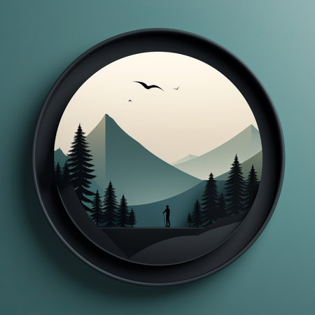 a circular clock with a picture of a man standing in front of a mountain and treesの素材