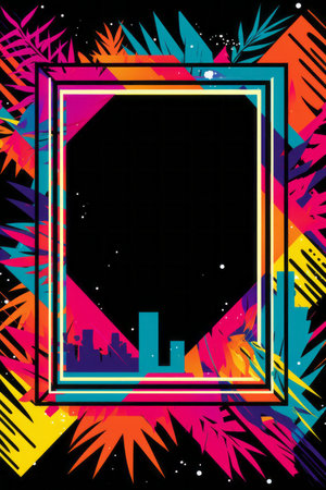 a colorful frame with a city skyline in the backgroundの素材