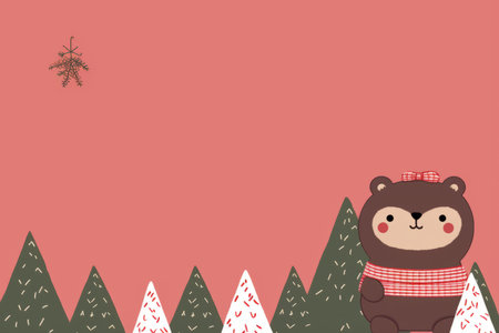 a cute bear in a red plaid shirt standing in front of treesの素材