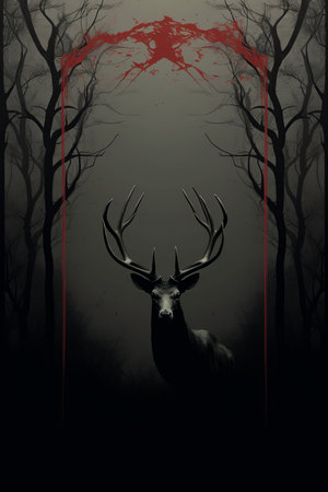 a deer in the woods with blood dripping from its antlersの素材