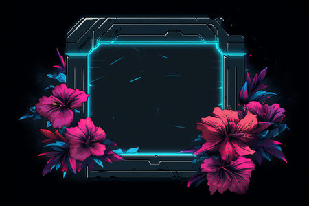 a frame with flowers and neon lights on itの素材