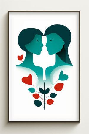 a framed art print of two people in love with hearts and leavesの素材
