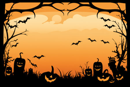a halloween background with pumpkins and batsの素材