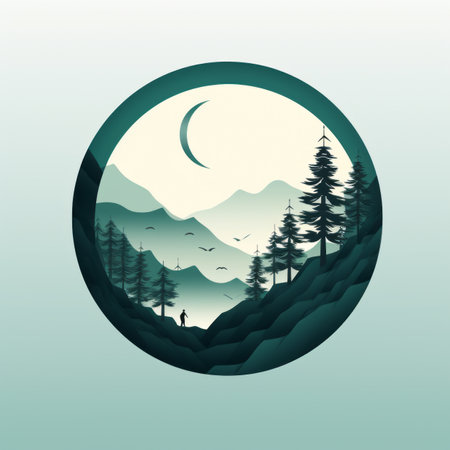 a mountain landscape with trees and the moon in the backgroundの素材