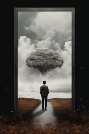 a man standing in front of an open door with a mushroom cloud in the skyの素材