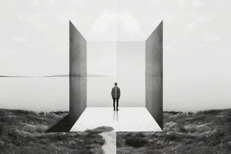 a man standing in front of an open door in the middle of a fieldの素材