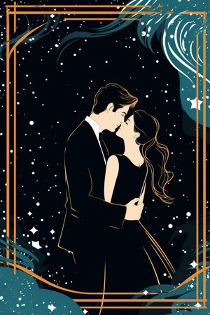 a man and woman kissing in front of a starry backgroundの素材