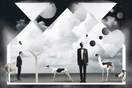 a man in a suit standing next to two animals in a fieldの素材