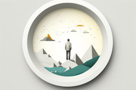 a man standing on top of a mountain with clouds in the backgroundの素材