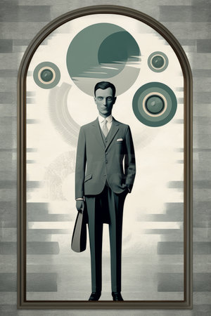 a painting of a man in a suit standing in front of a windowの素材