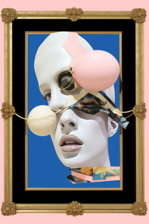 a painting of a womans face with balloons on itの素材
