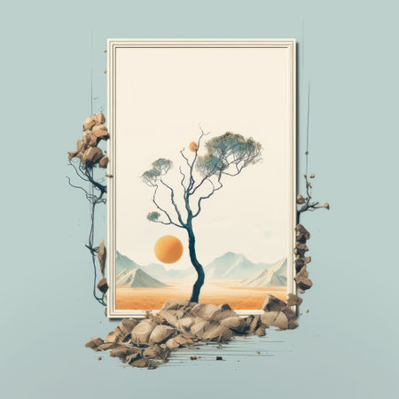 a painting of a tree in a frame with a mountain in the backgroundの素材