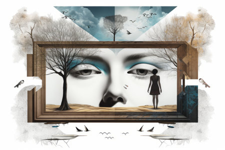 a painting of a woman with blue eyes and trees in the backgroundの素材