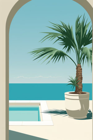 a palm tree in front of a swimming poolの素材