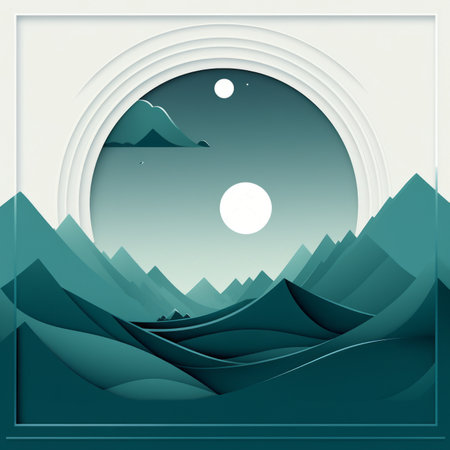a paper art style illustration of a mountain range with a moon in the skyの素材