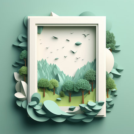 a paper cut of a forest with trees and birds in a frameの素材