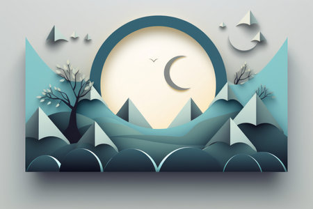 a paper art style illustration of a mountain landscape with trees and a crescent moonの素材