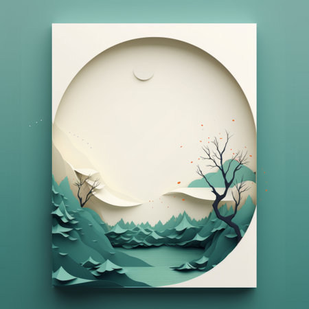 a paper cut art piece with trees and a moon in the skyの素材