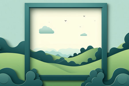 a paper cutout of a landscape with clouds and birds in the skyの素材