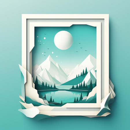 a paper cutout of a mountain landscape with a full moon in the skyの素材