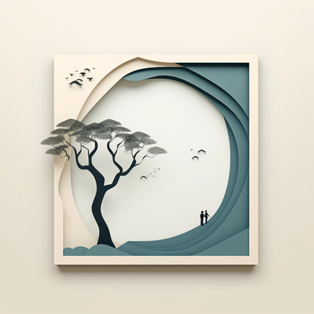 a paper cut of a tree with birds flying over itの素材