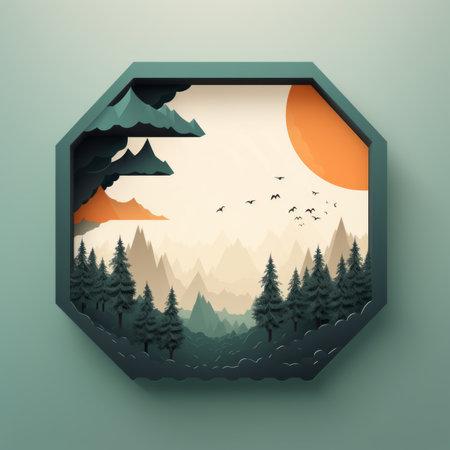 a paper cutout of a forest with birds flying over itの素材