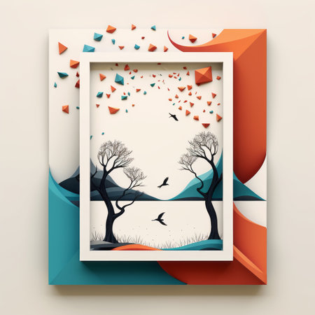 a paper cutout of trees and birds in a white frameの素材