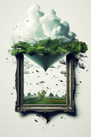 a picture frame with an image of a tree and cloudsの素材