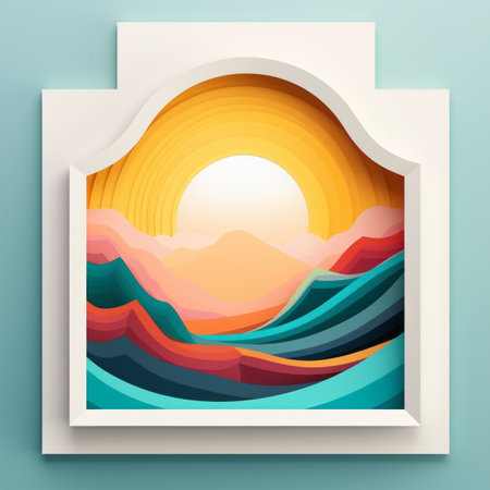a paper cutout of a mountain landscape with the sun in the backgroundの素材