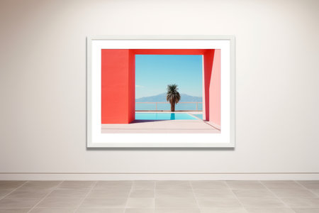 a photograph of a palm tree in front of a red wallの素材