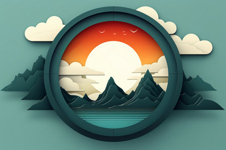 a paper cutout of a mountain with a sun in the skyの素材