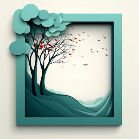 a paper cut of a tree with birds flying over itの素材
