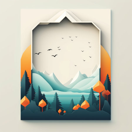 a paper cutout of a mountain landscape with birds flying over itの素材