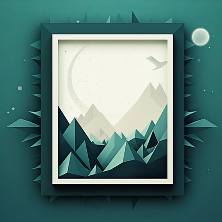 a picture frame with mountains and a bird in itの素材