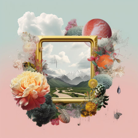 a picture frame with flowers and mountains in itの素材