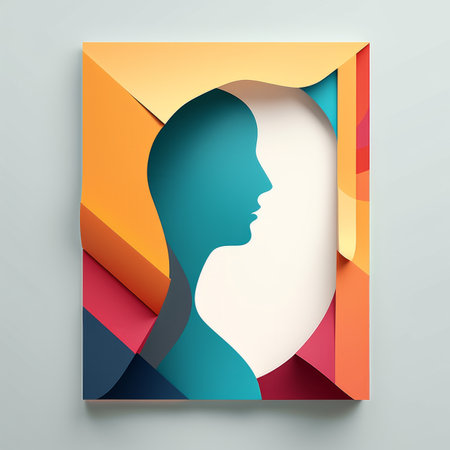 a paper cutout of a womans head with a colorful backgroundの素材