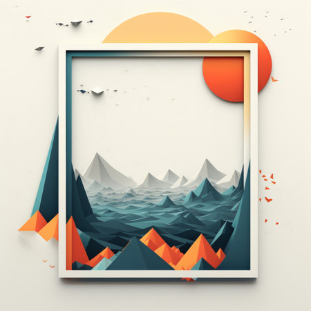 a picture frame with mountains and a sun in the backgroundの素材