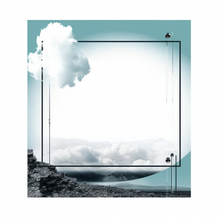 a photo frame with clouds and a mountain in the backgroundの素材