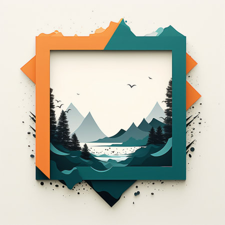 a picture frame with mountains and trees in itの素材
